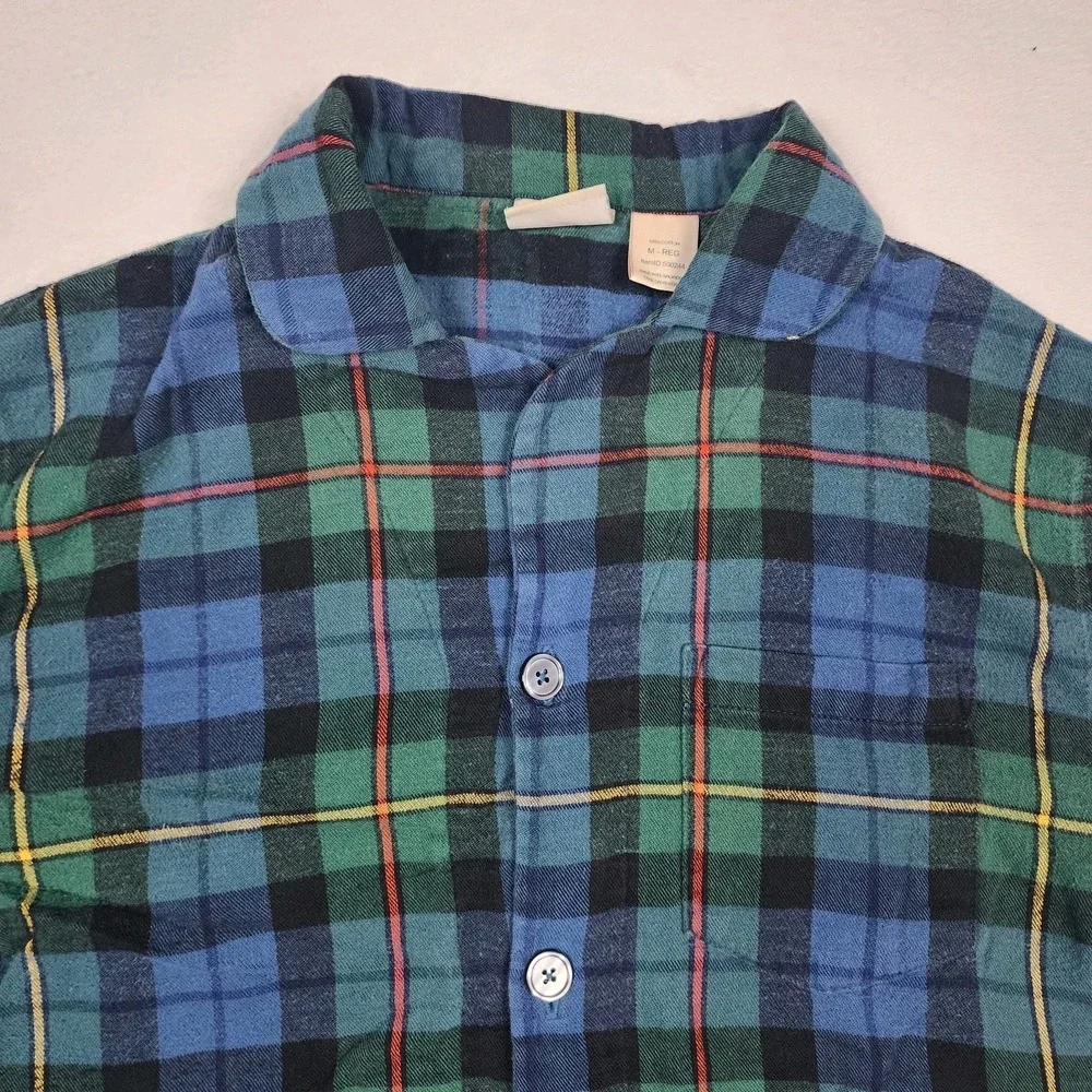 LL Bean Pajama Set Mens Medium Regular Blue Plaid Flannel Button Up Pants